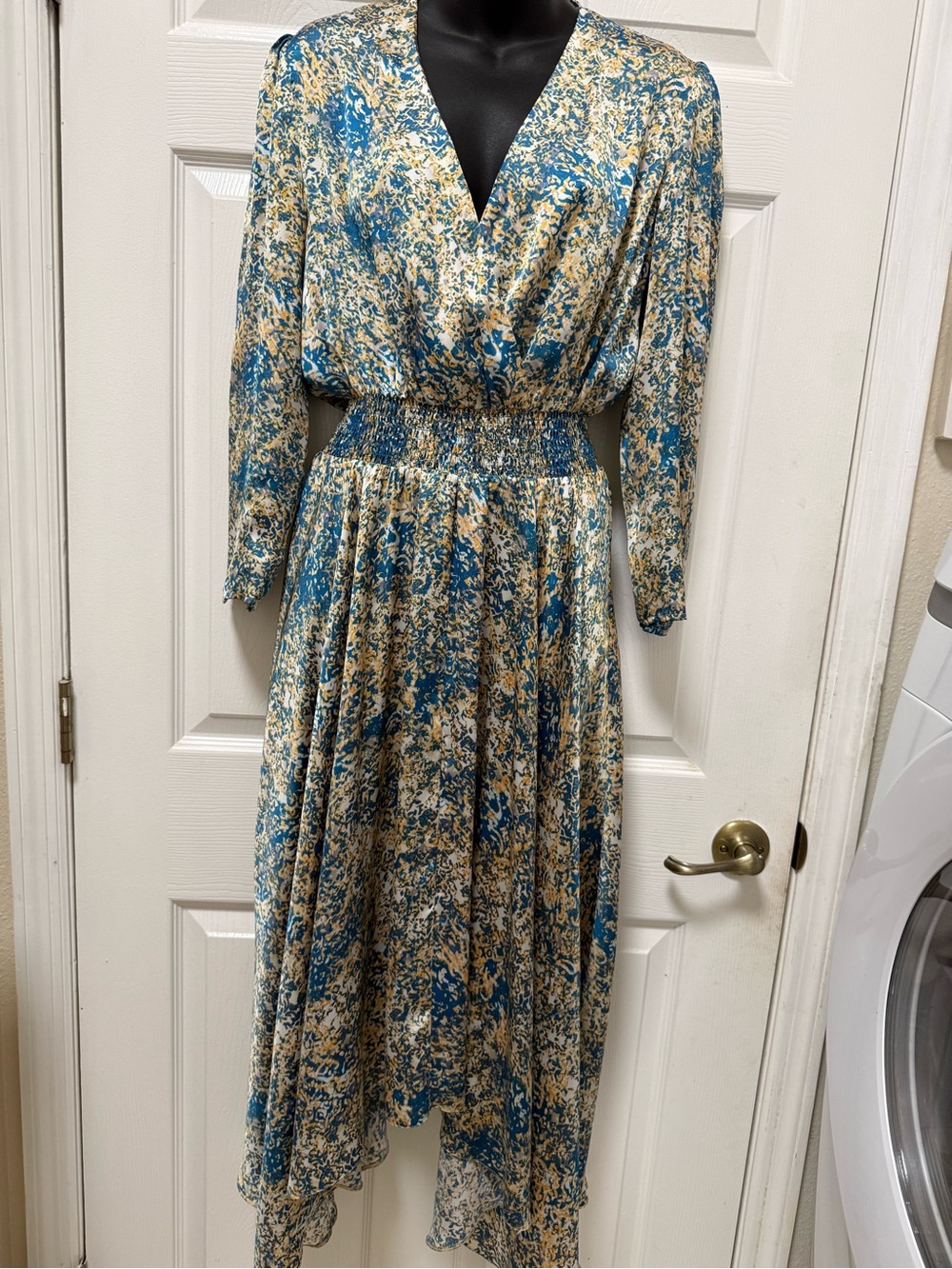 Maje Blue and Cream Floral Smocked-Waist Long Sleeve Dress